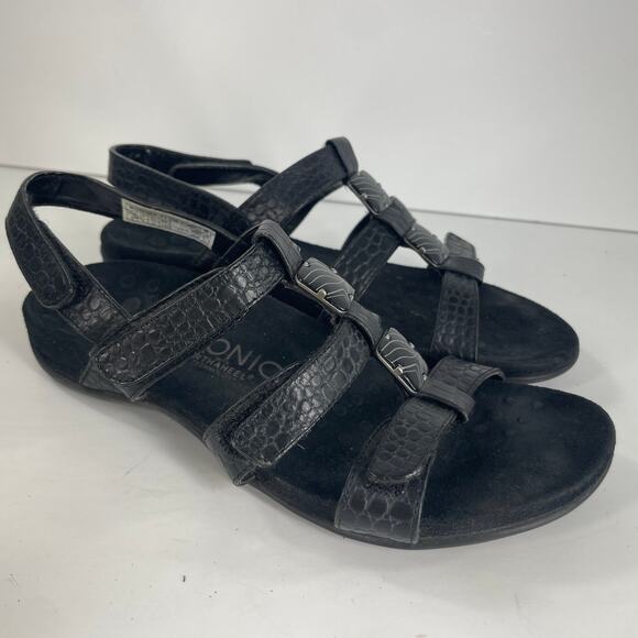 Vionic Sandals Flat Strappy Sz 6 Womens Open Toe Flat Comfort Black - Picture 1 of 14